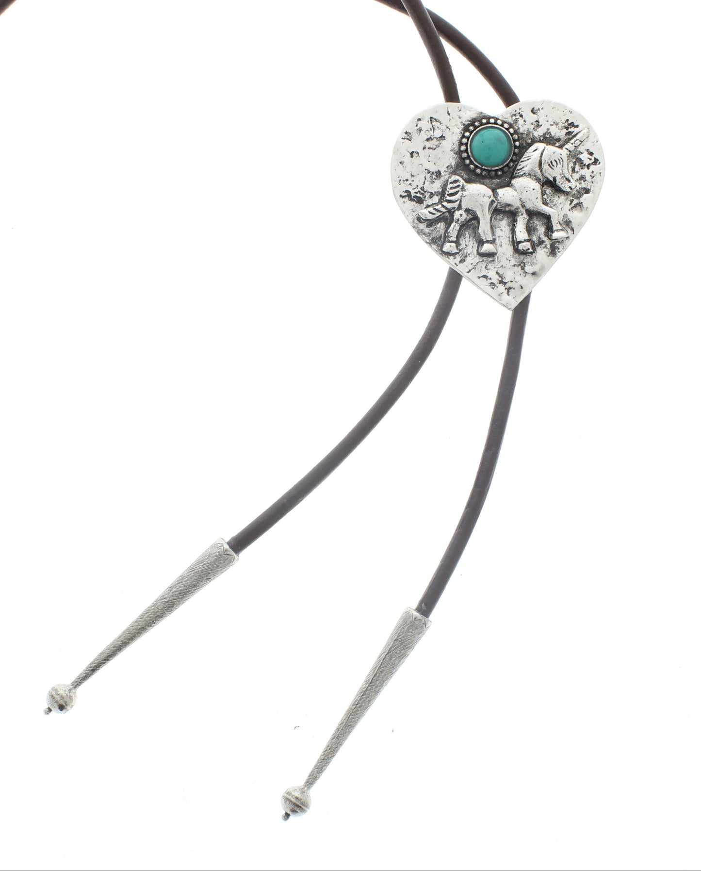 Silver Hammered Heart with Unicorn and Turquoise Stone Bolo