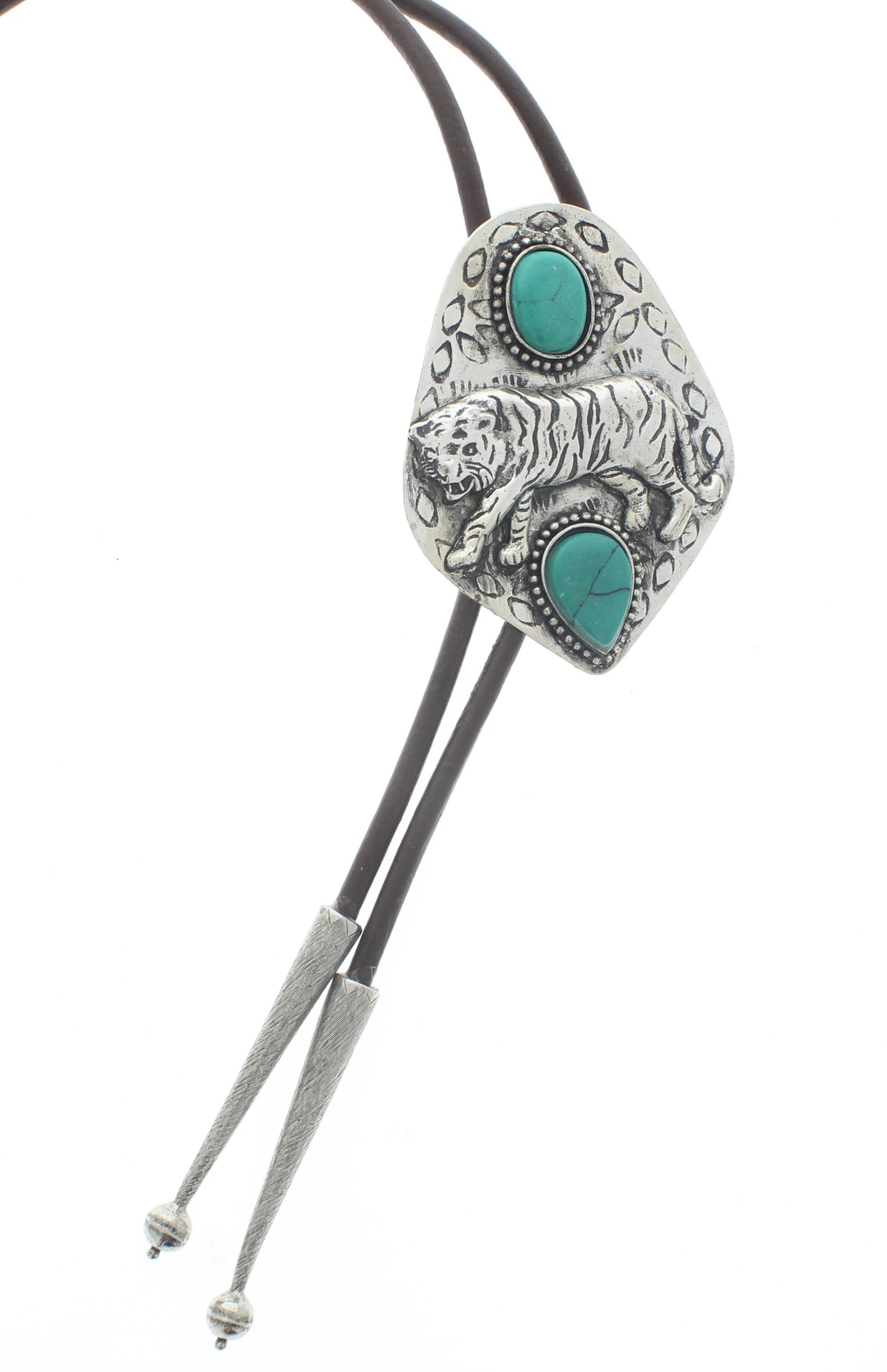 Silver Tiger Turquoise Bolo Tie, Black, Brown Cord, each