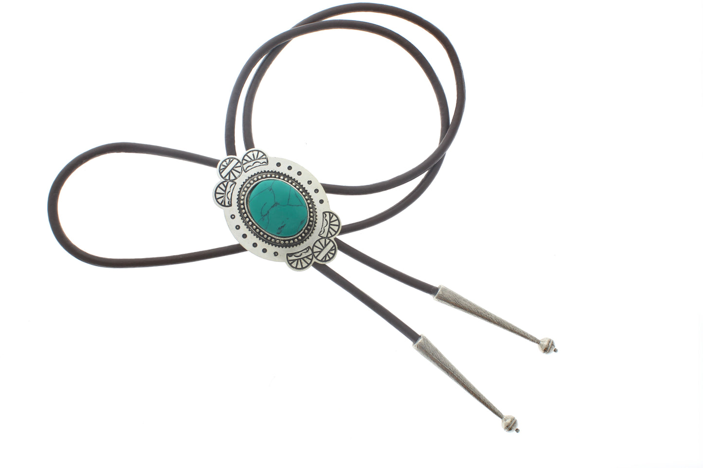 Silver Ornate Turquoise Bolo Tie, Black, Brown Cord, each