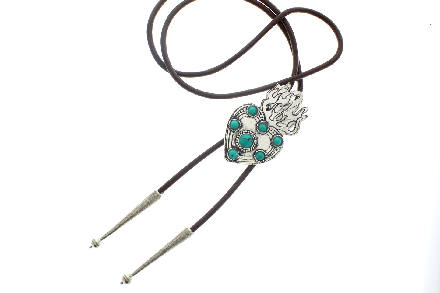 Flaming Heart with Turquoise Bolo, Black or Brown Cord, each