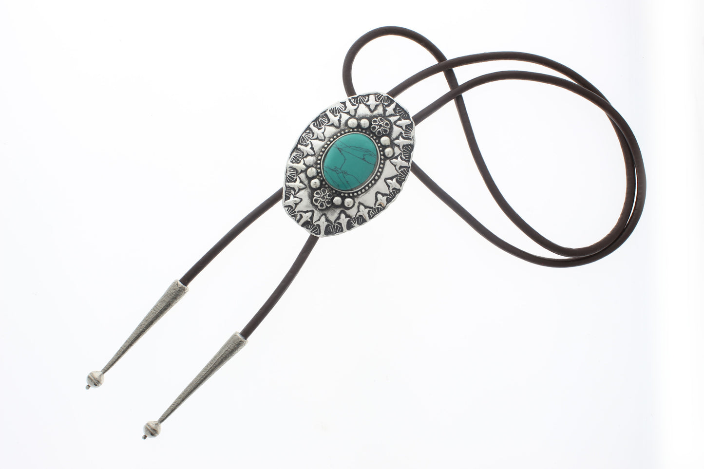 Silver Turquoise Oval Bolo Tie, Black, Brown Cord, each