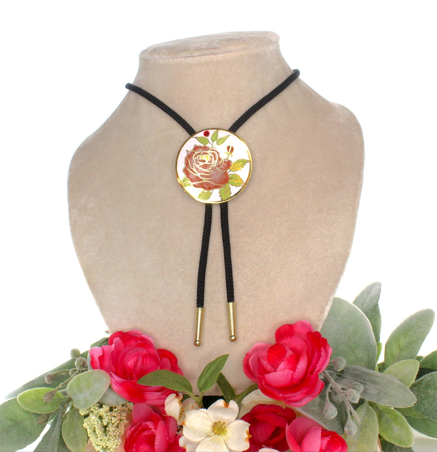 52.9mm Enamel Red Rose Bolo Tie, made in USA, each