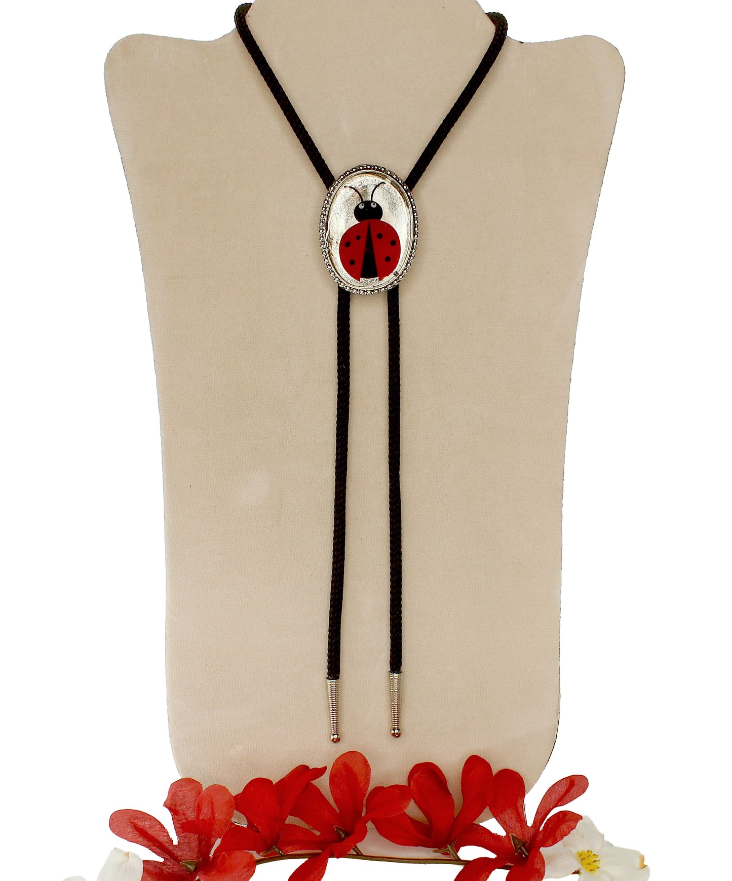 48mm x 35mm Lucky Ladybug Bolo Tie, Clear or White background, made in USA, each