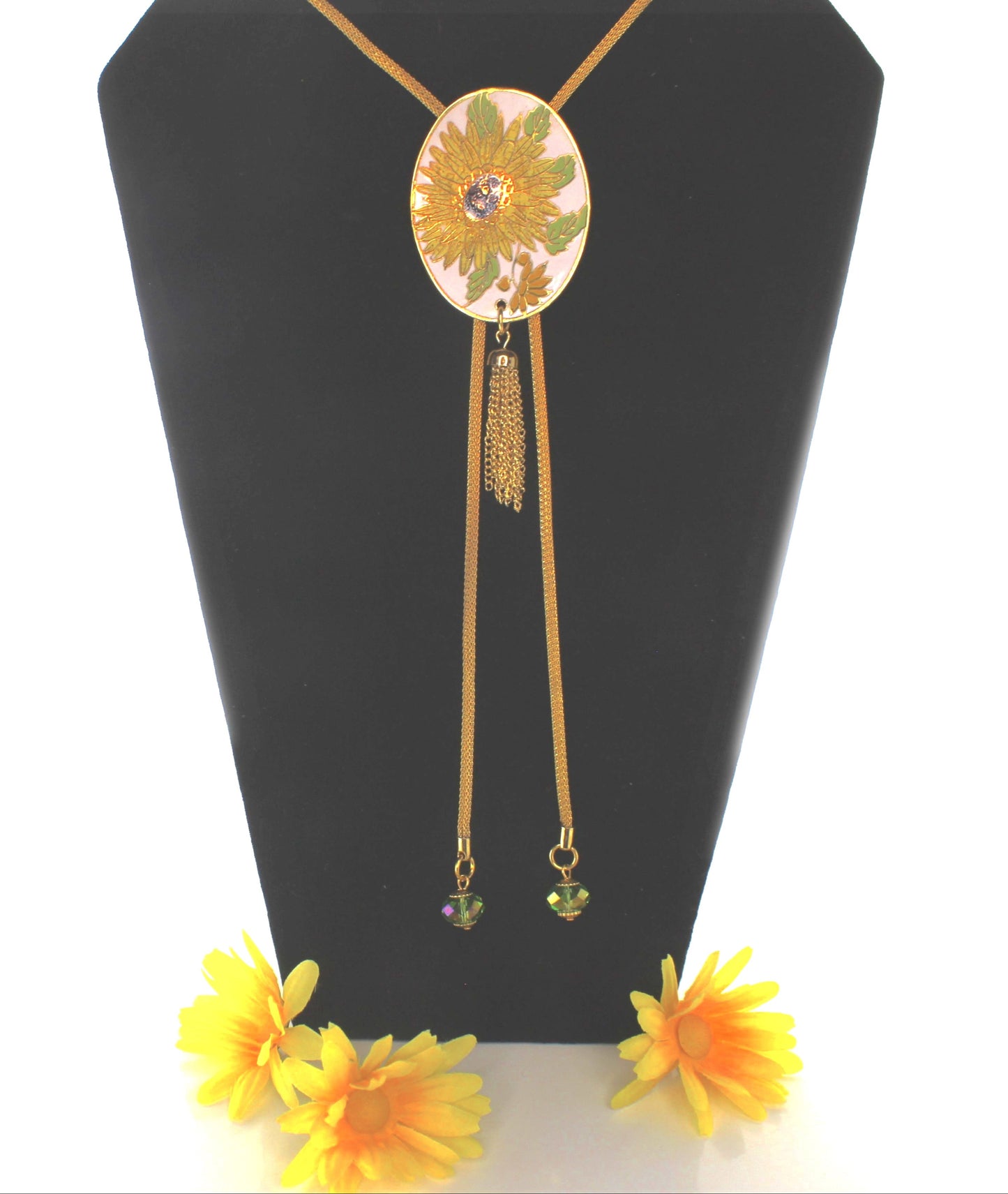 61mm x 47mm Enamel Sunflower Bolo Tie, Gold Cord, made in USA, each