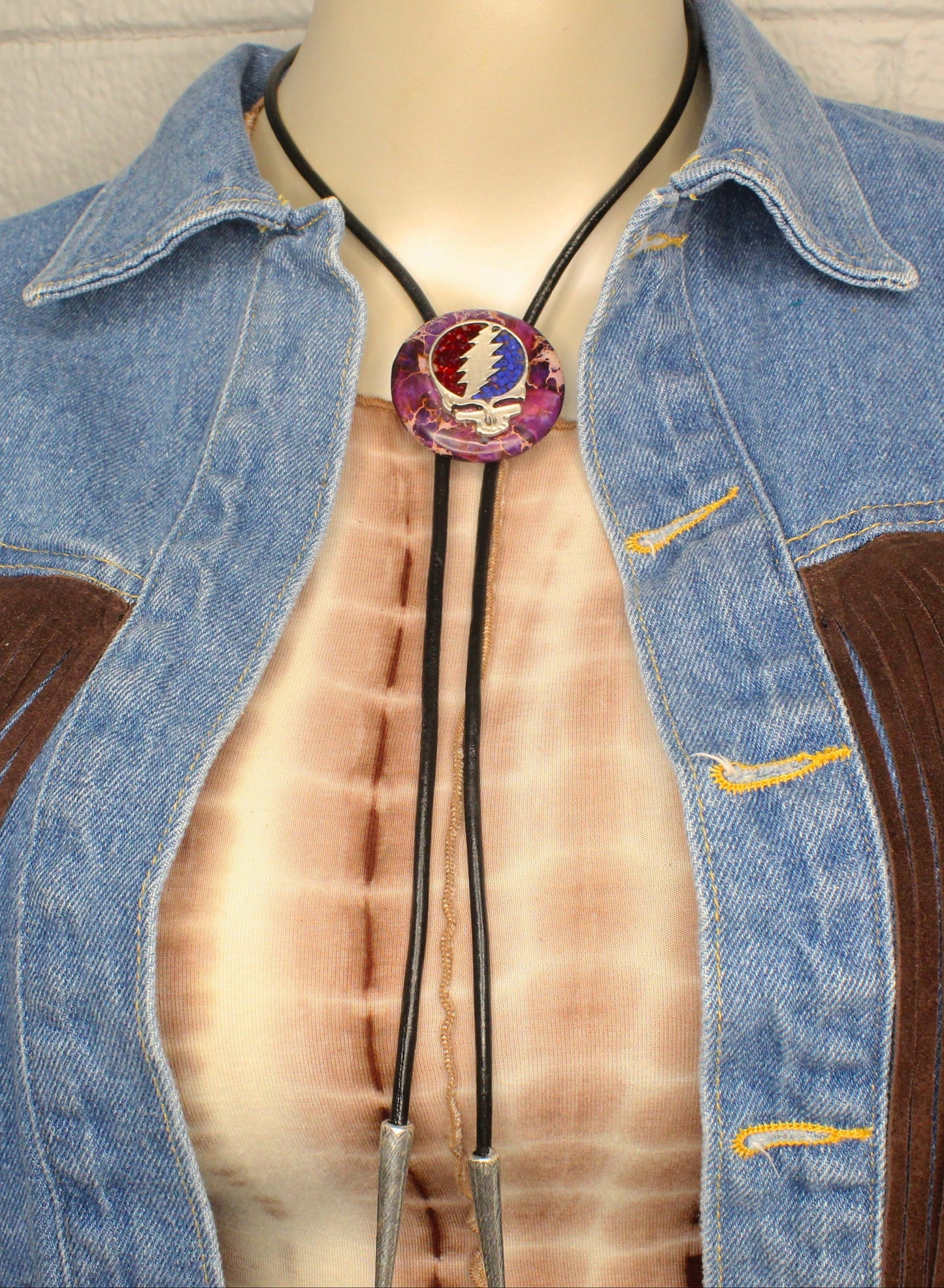 45mm Steal Your Face Bolo Tie, Electric Turquoise, Fire Opal, Burning Ember, Cosmic Violet, 36' cord, made in USA, each