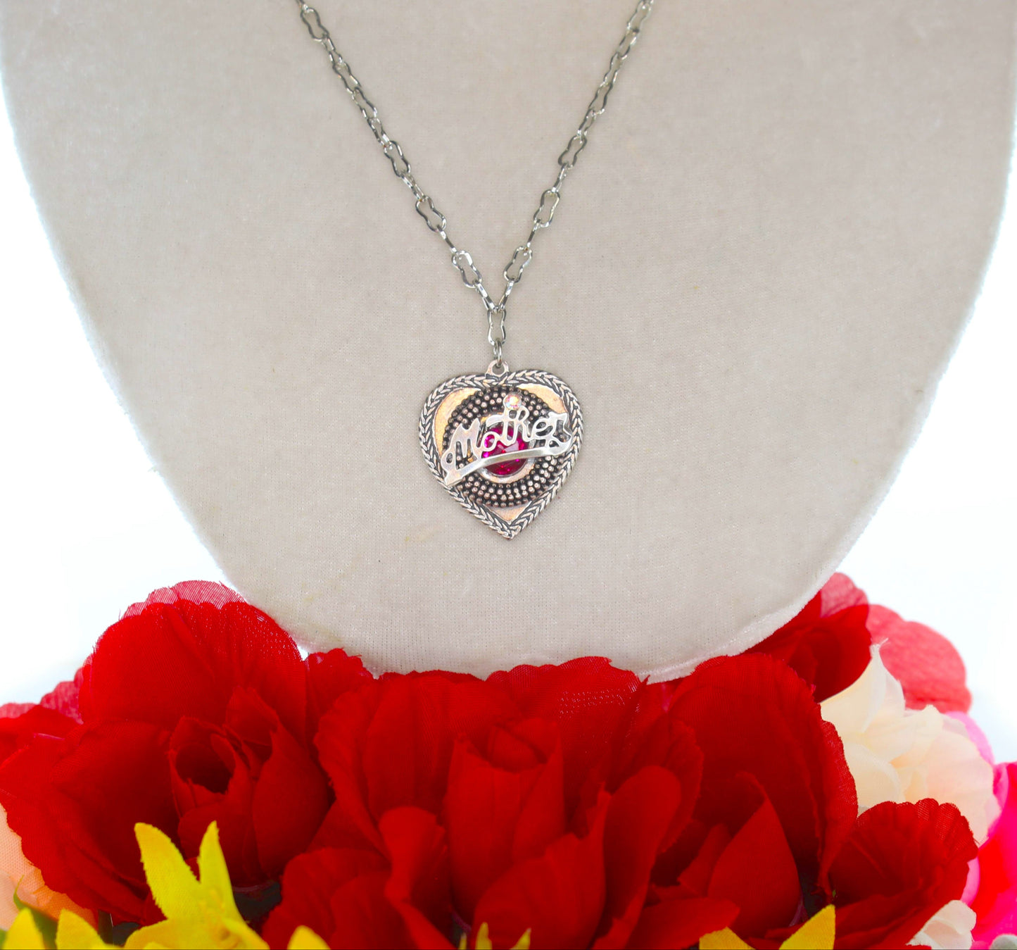 34mm x 31mm Mother’s Grace Necklace, Pink, Green, or Blue Stones, made in USA, each