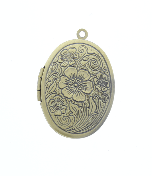 34mm Oval Victorian Etched Locket Charm Pendant, Vintage Brass, 4 each