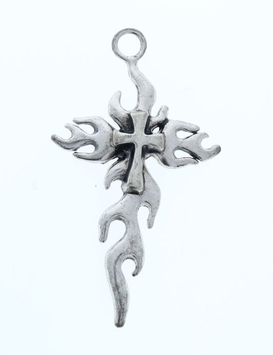 62mm Flame Cross Charm, Classic Silver, Pack of 6