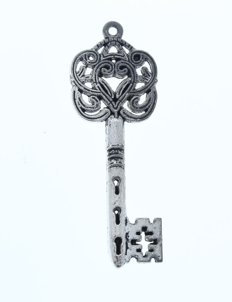 60mm New Skeleton Key Charm Pendant, Victorian Scrolled Heart, Antique Gold, Classic Silver pkg/2