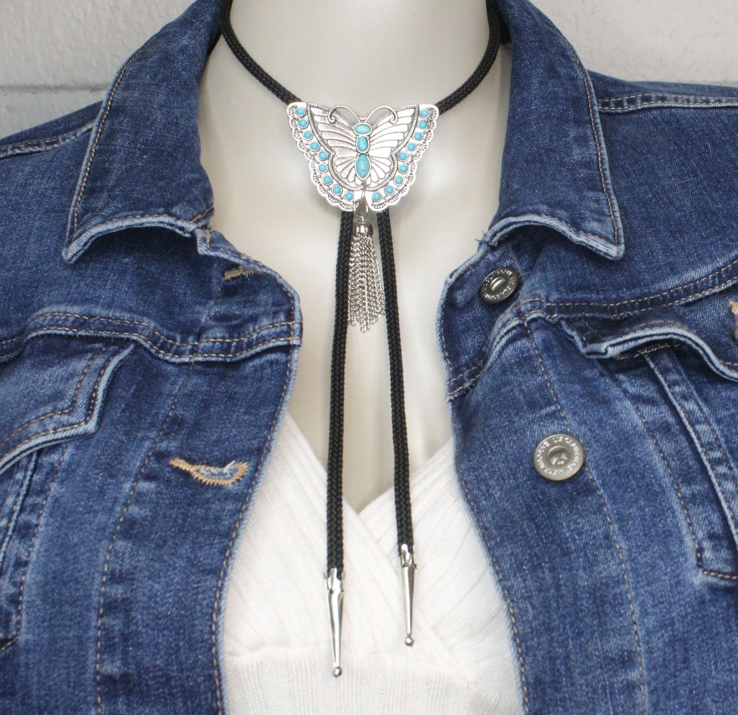 Turquoise Wings Bolo Tie – Butterfly Emblem with Tassel Accent, Made in USA, 59.5mm x 92mm