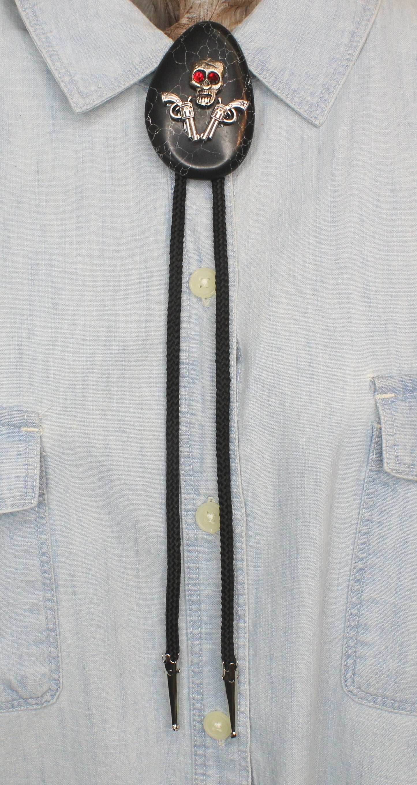 65 mm x 42 mm Red Eyed Rebel bolo tie, made in the USA, each