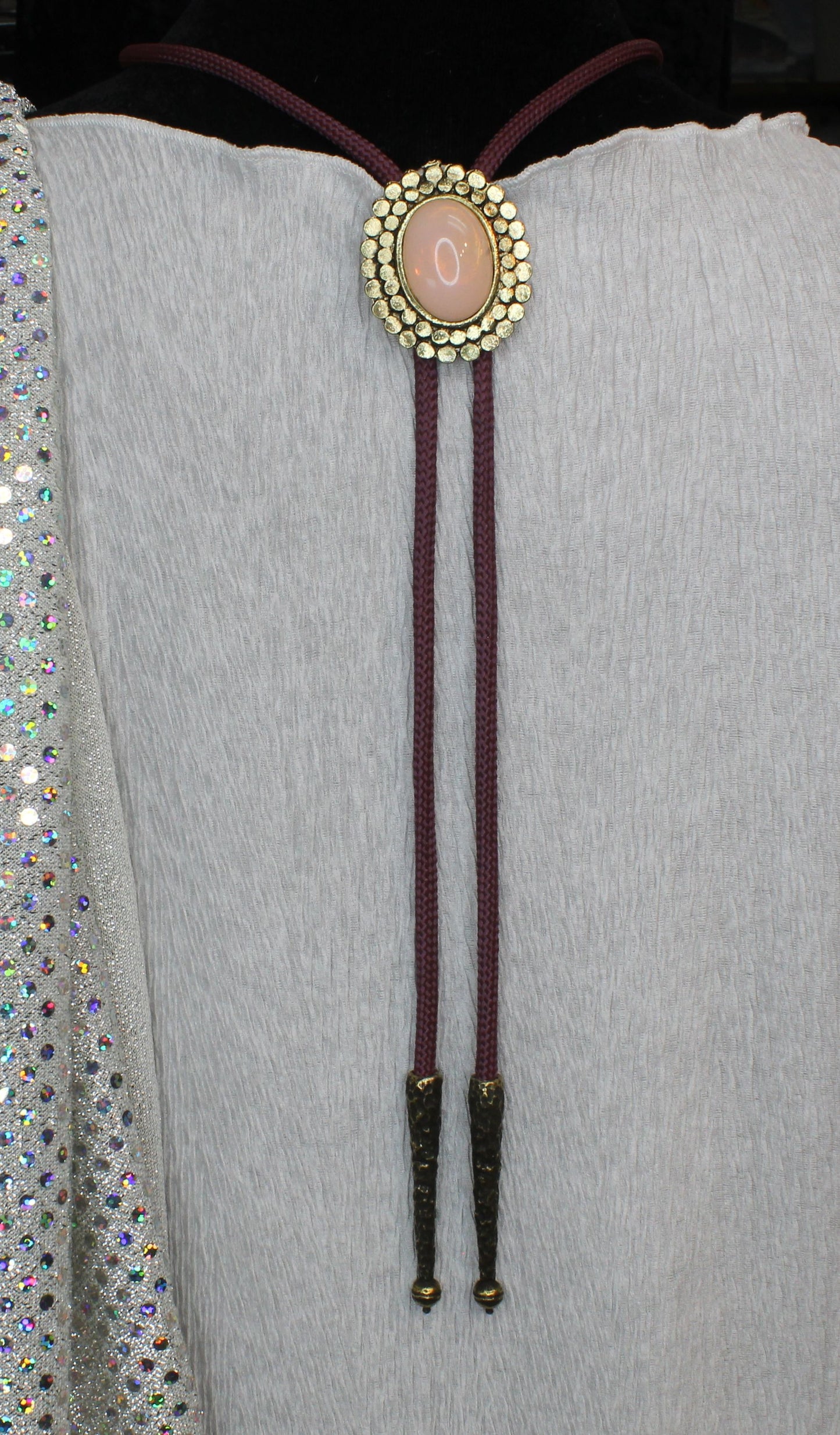 Rose of the Mesa: Blush Stone Bolo Tie with mahogany cord, Made in USA, 34.8mm x 42mm