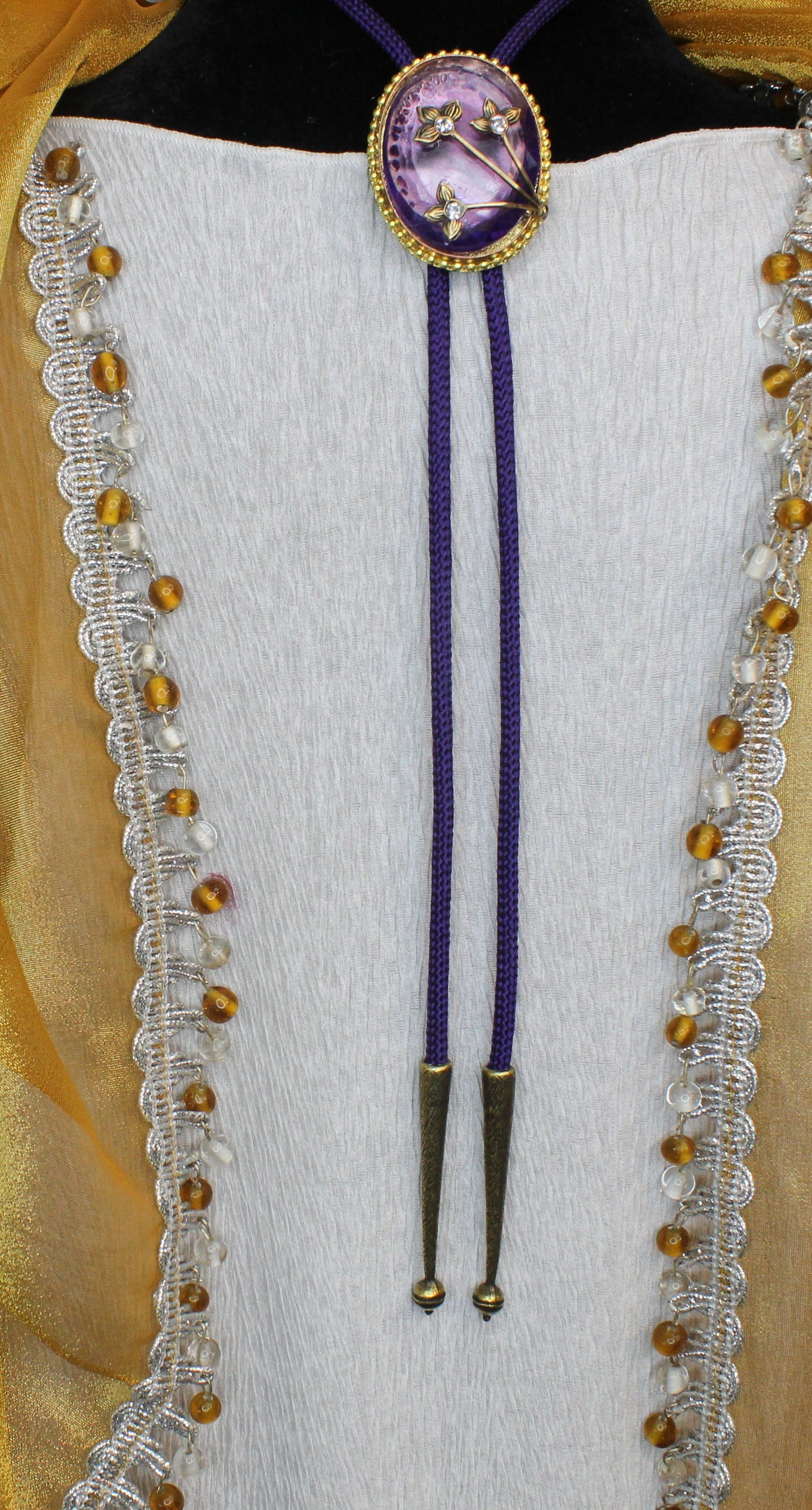 Lavender Bloom: Floral Medallion & Purple Cord Bolo Tie, Made in USA, 36.2mm x 46.5mm