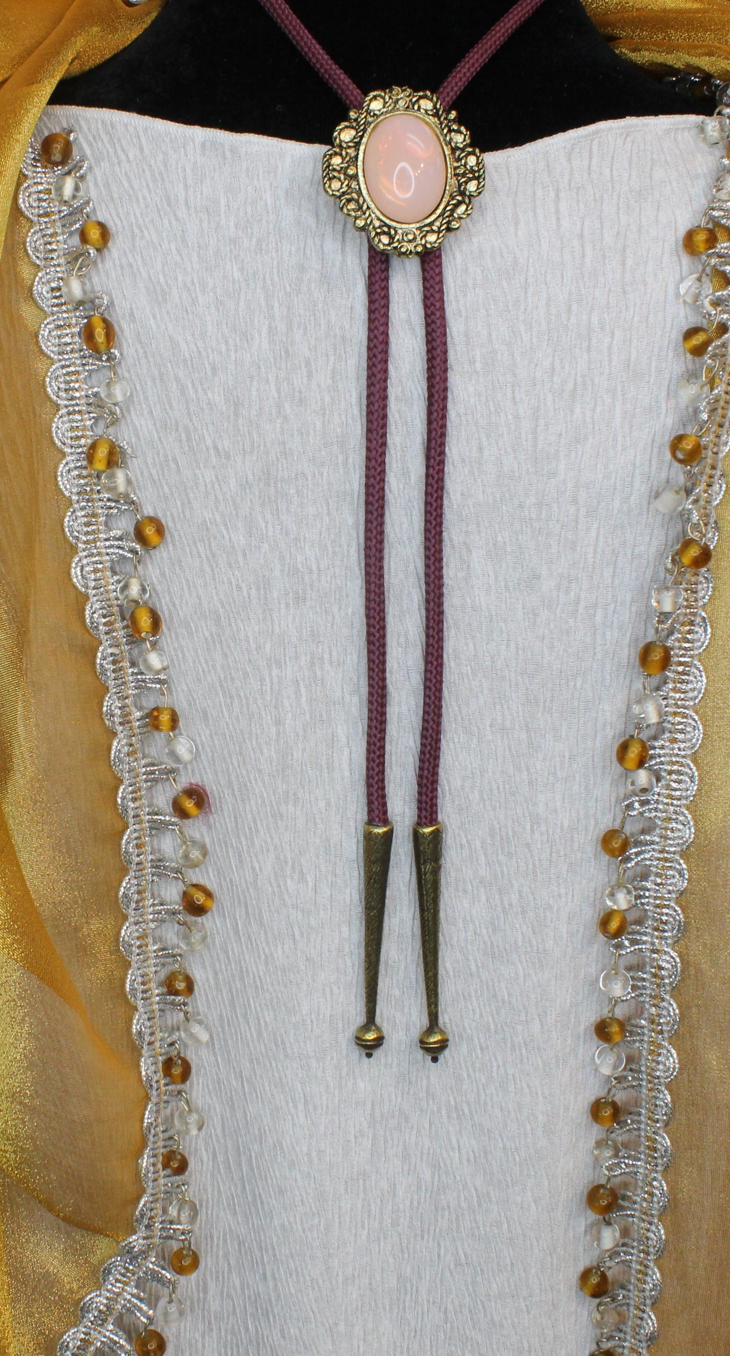 Sangria Sunset: Blush Stone & Braided Plum Bolo Tie, Made in USA, 36.3mm x 39.4mm