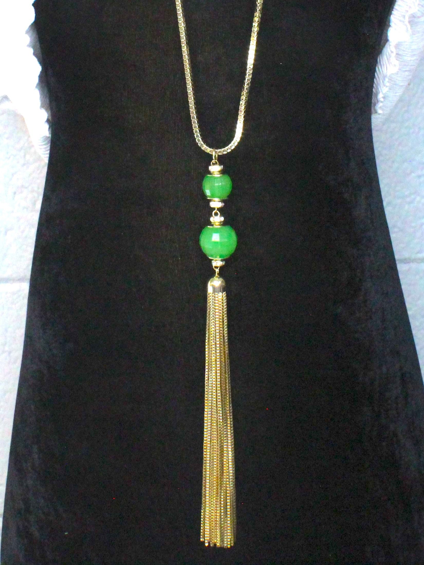 Verdant Glow Tassel Necklace, 31" Gold Chain, made in USA, each