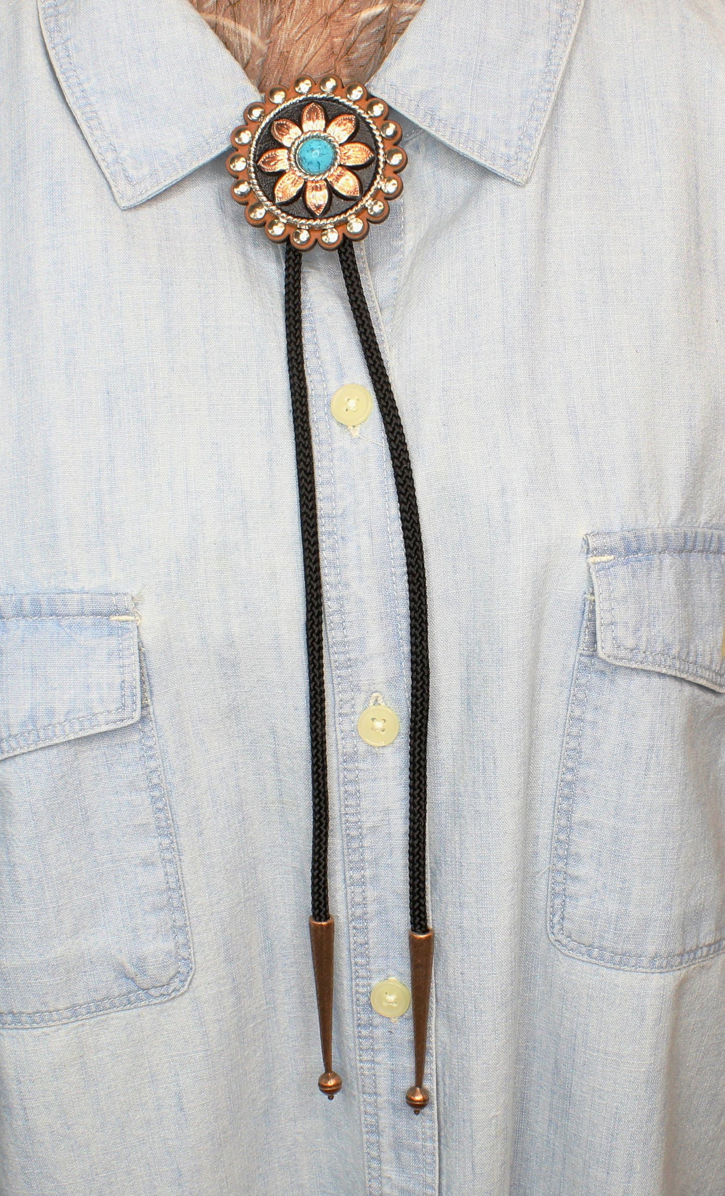 49mm Copper Petal Bolo Tie, 36" black cord, made in USA, each
