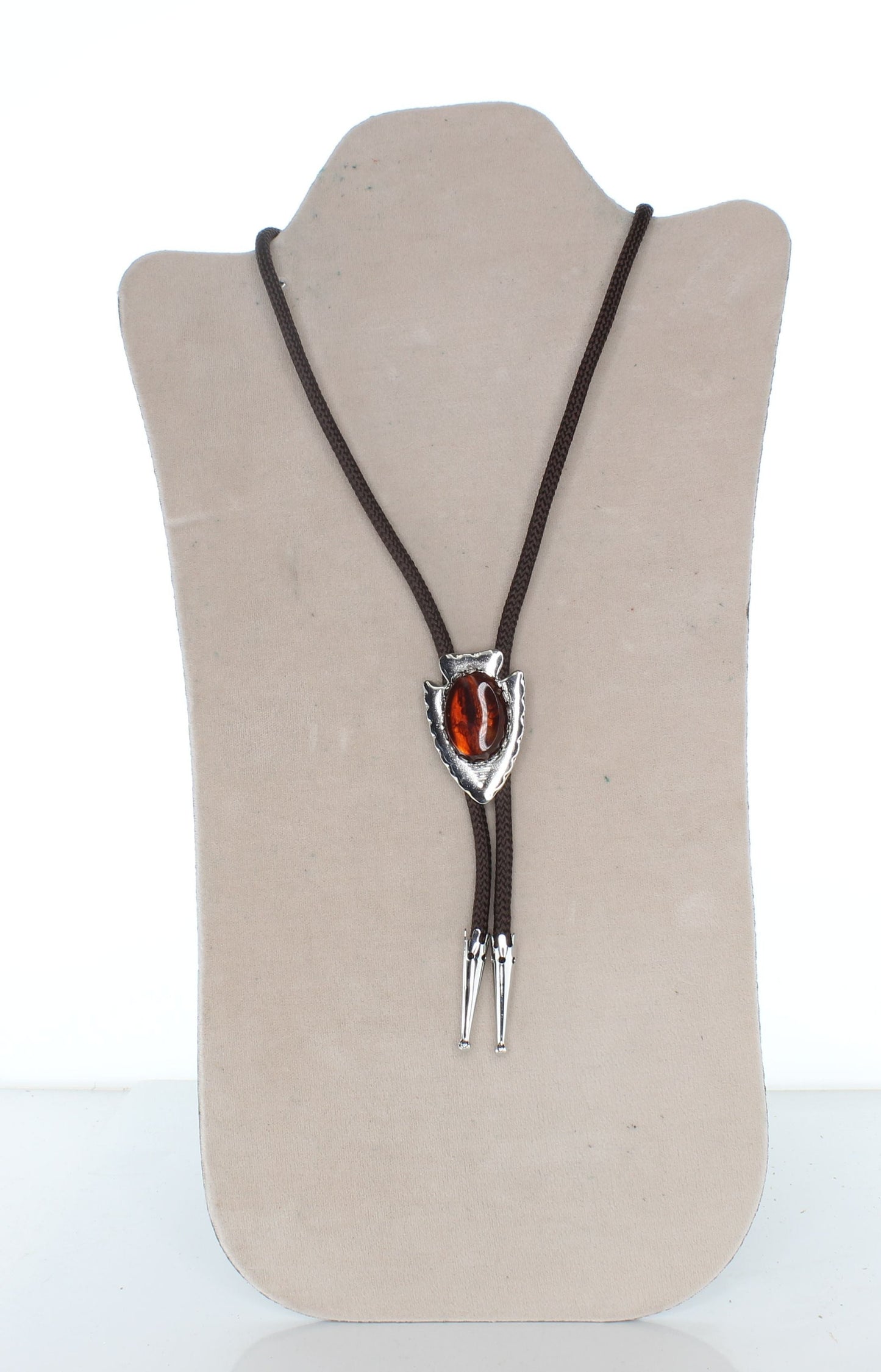 41mm x 28mm Silver Arrowhead Bolo Tie with Amber Stone, made in USA, each