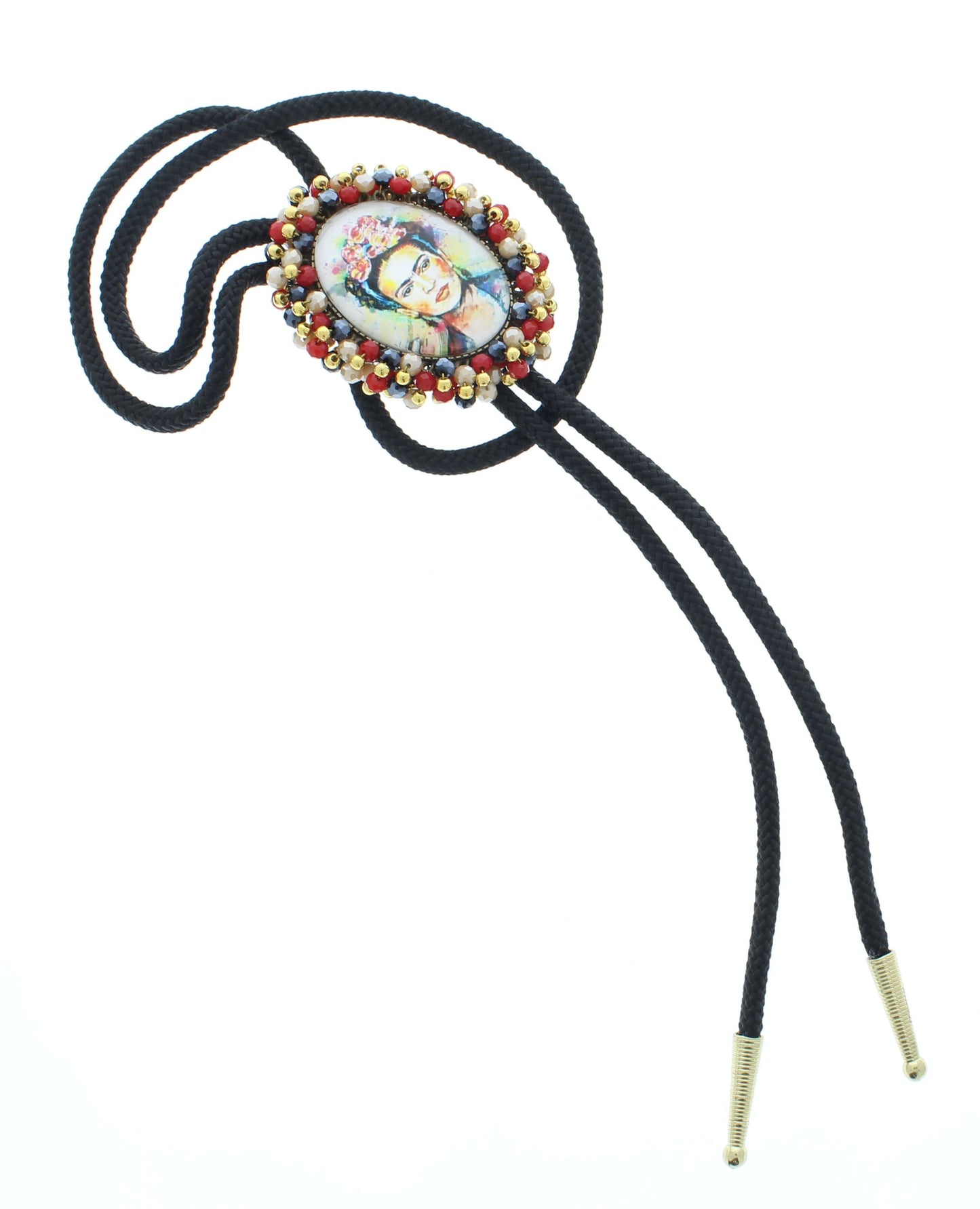 Frida’s Fire – Beaded Bolo Tie with Iconic Portrait Slide