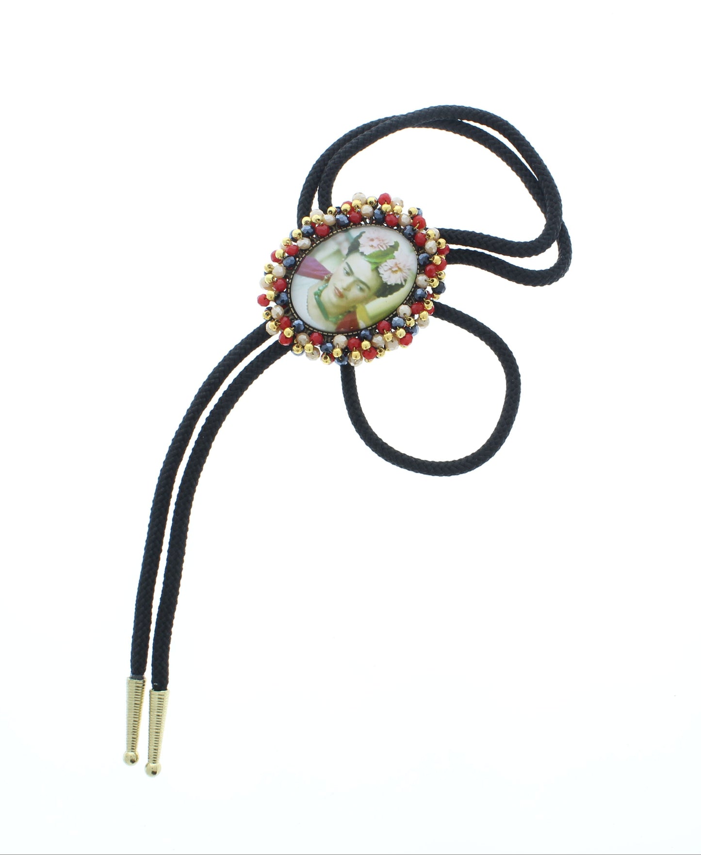 Frida’s Flame – Beaded Bolo Tie with Regal Portrait Slide