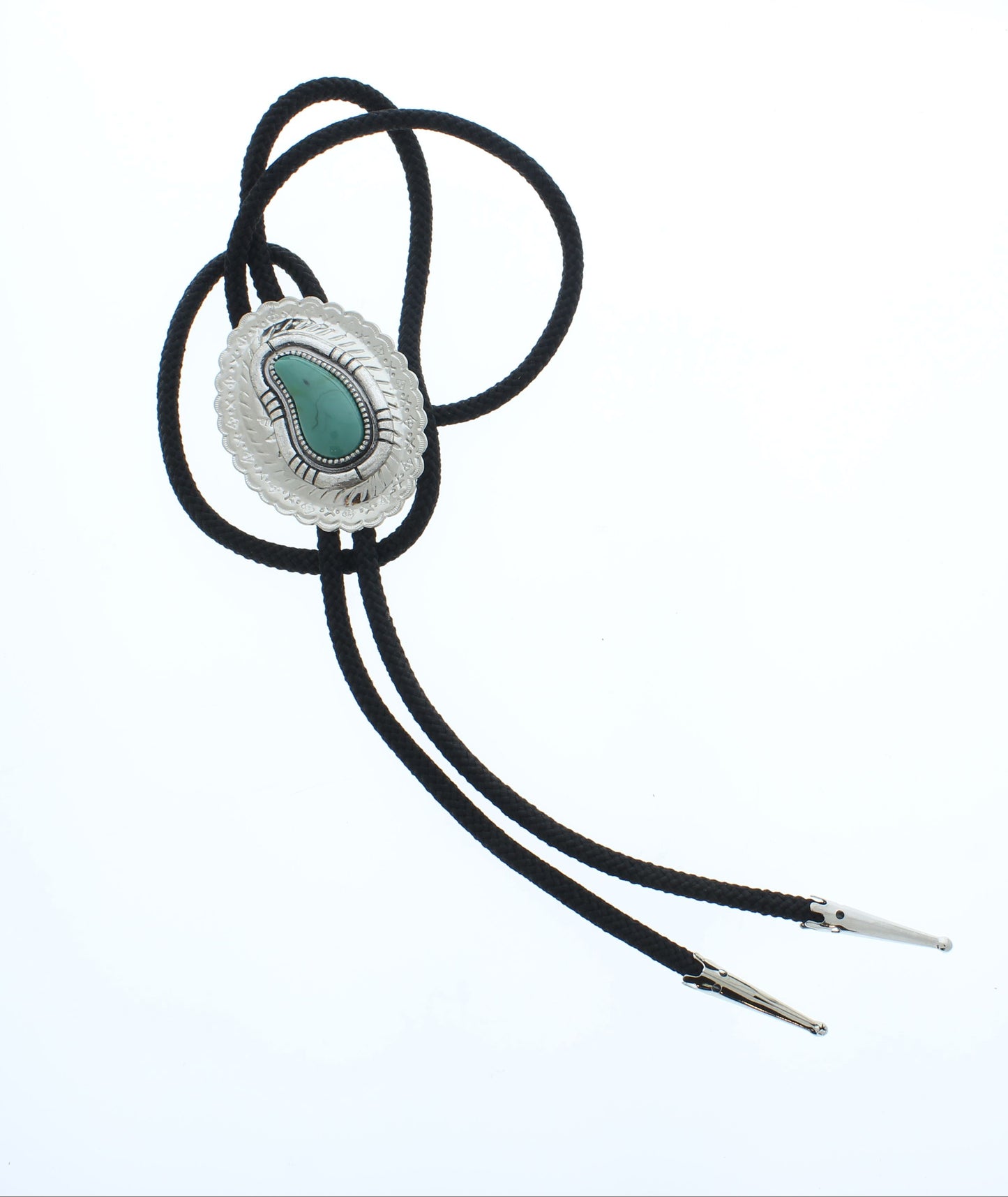 Desert Sovereign – Silver & Turquoise Bolo Tie with Engraved Western Motif, 55.8mm x 42.2mm, made in USA