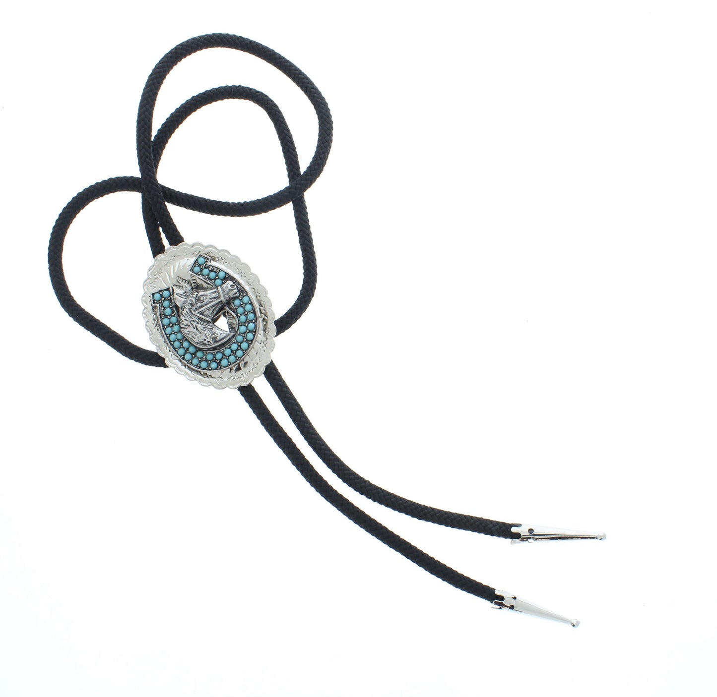 Lucky Reign – Turquoise Horseshoe Bolo Tie with Sculpted Horse Head, 55.2mm x 42.8mm, Made in USA