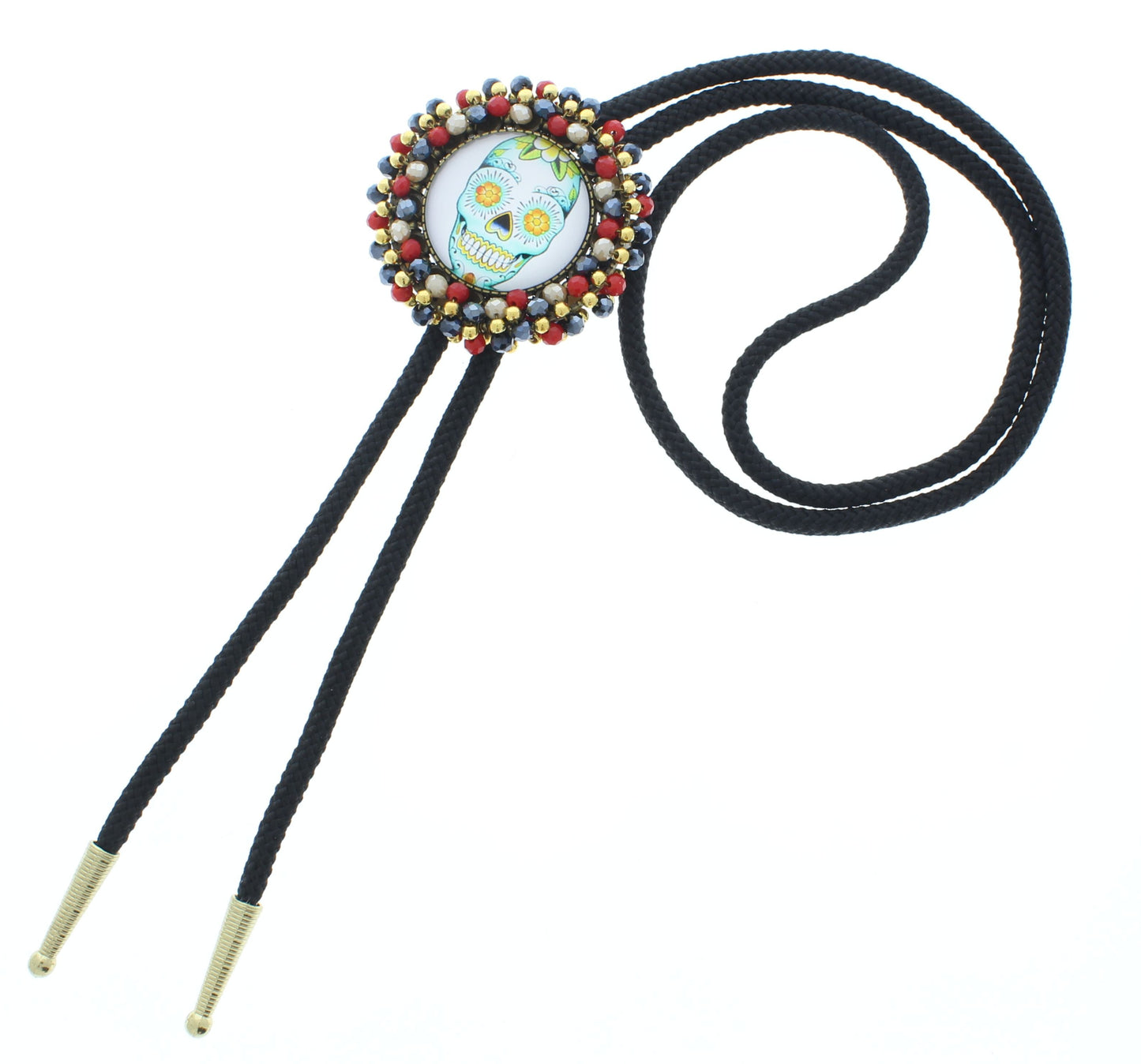 Calavera Trail – Day of the Dead Bolo Tie with Beaded Skull Medallion, 52mm, made in USA