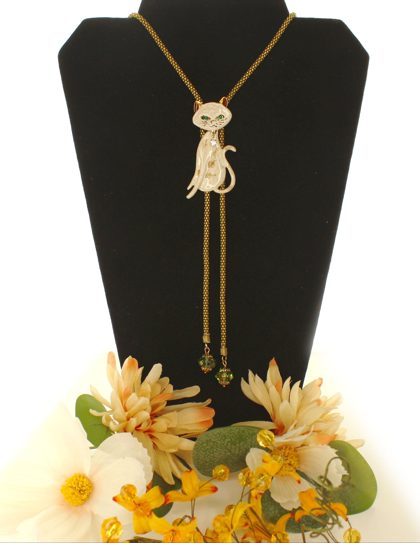 Purrfect Luck – Cat Bolo Necklace with Braided Chain and Beaded Dangles, 62.2mm x 27.6mm, Made in USA