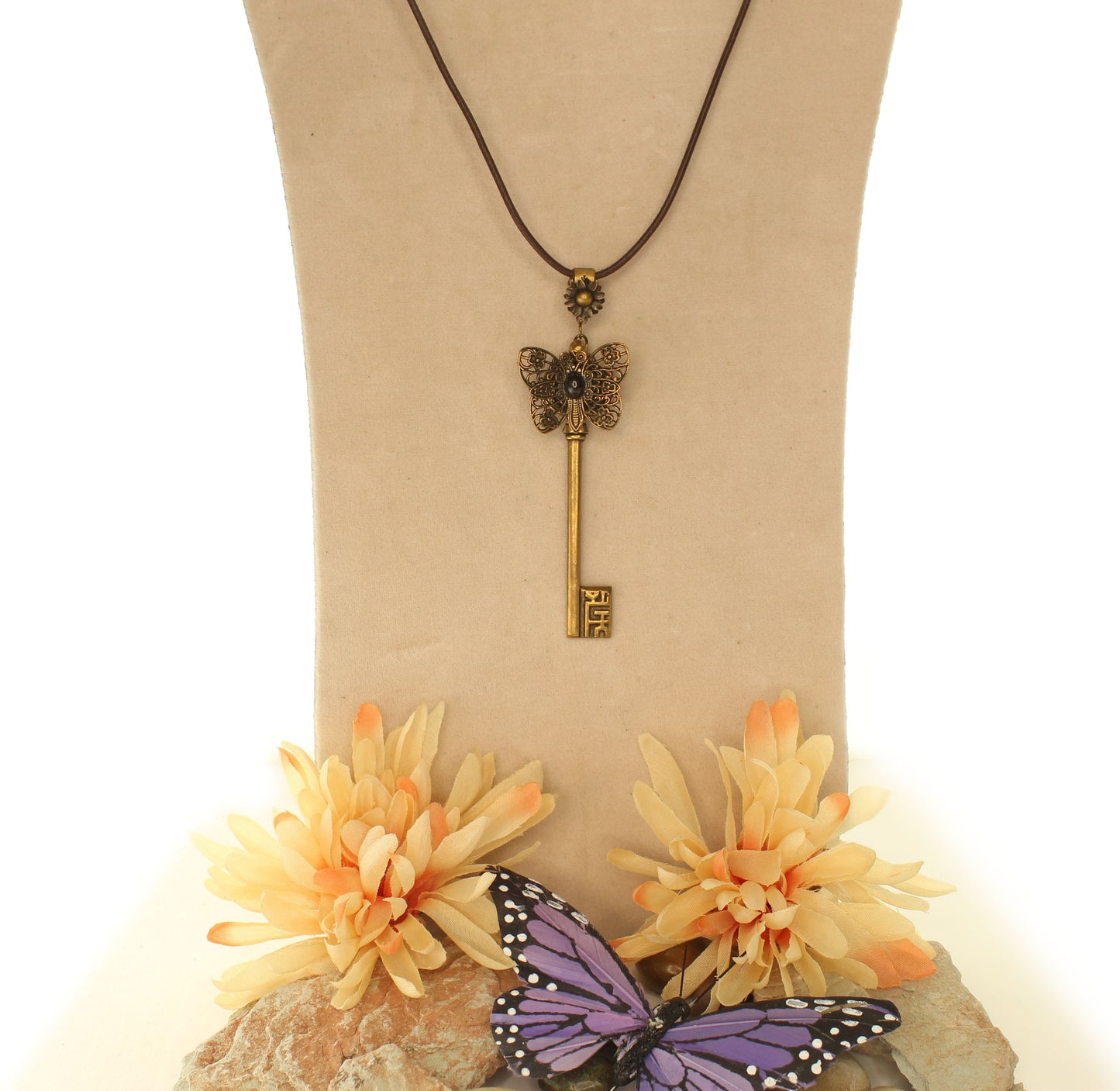 Winged Bloom – Butterfly Key Pendant Necklace on Dark Cord, 31.1mm x 81.5mm, made in USA