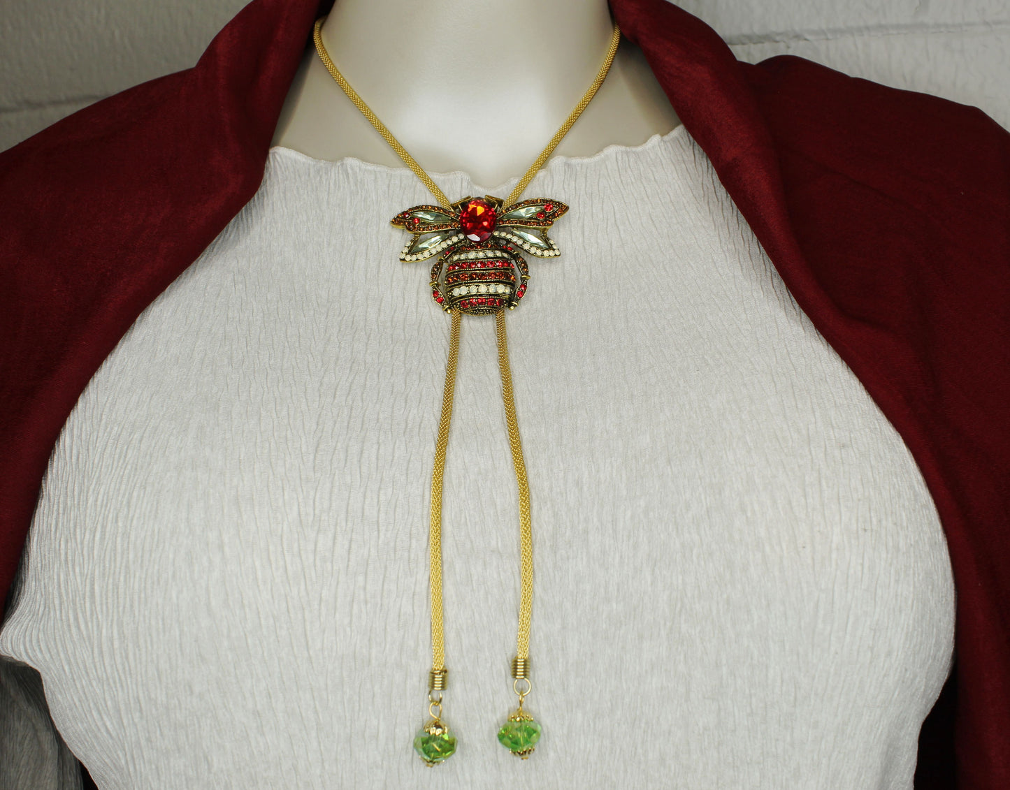 Ruby Bee Bolo Tie USA Made in Texas 65.5mm x 50.3mm Jeweled Insect Western Jewelry