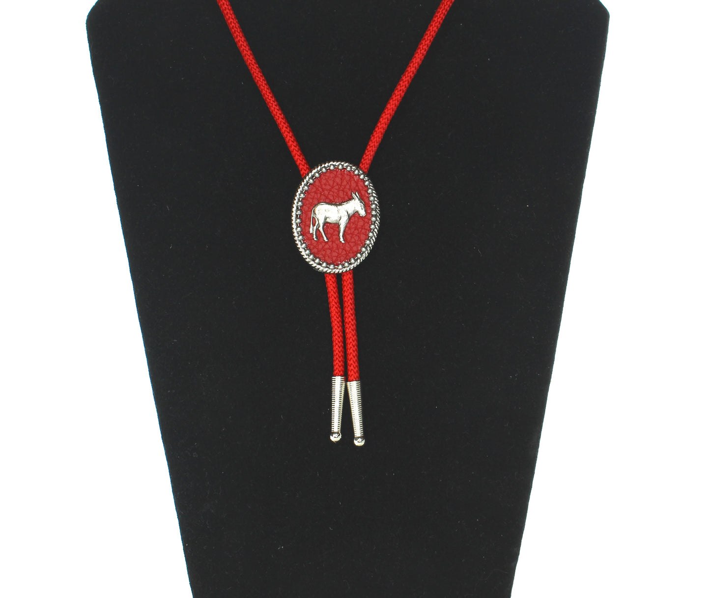 44mm x 34mm Crimson Burro Bolo Tie, 36" red cord, made in USA, each