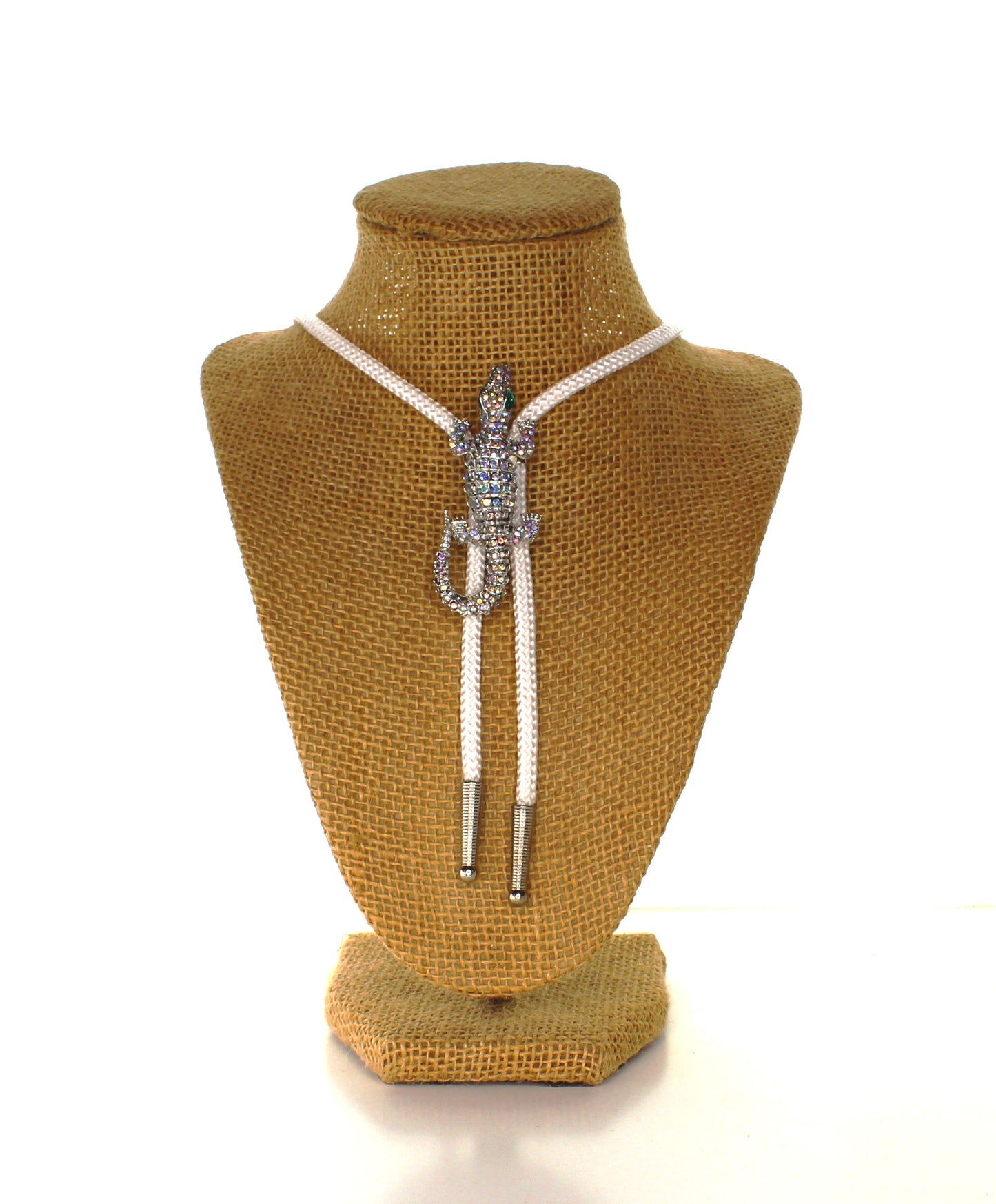 71mm x 25mm Rhinestone Alligator Bolo Tie (Black or White Cord), made in USA, each