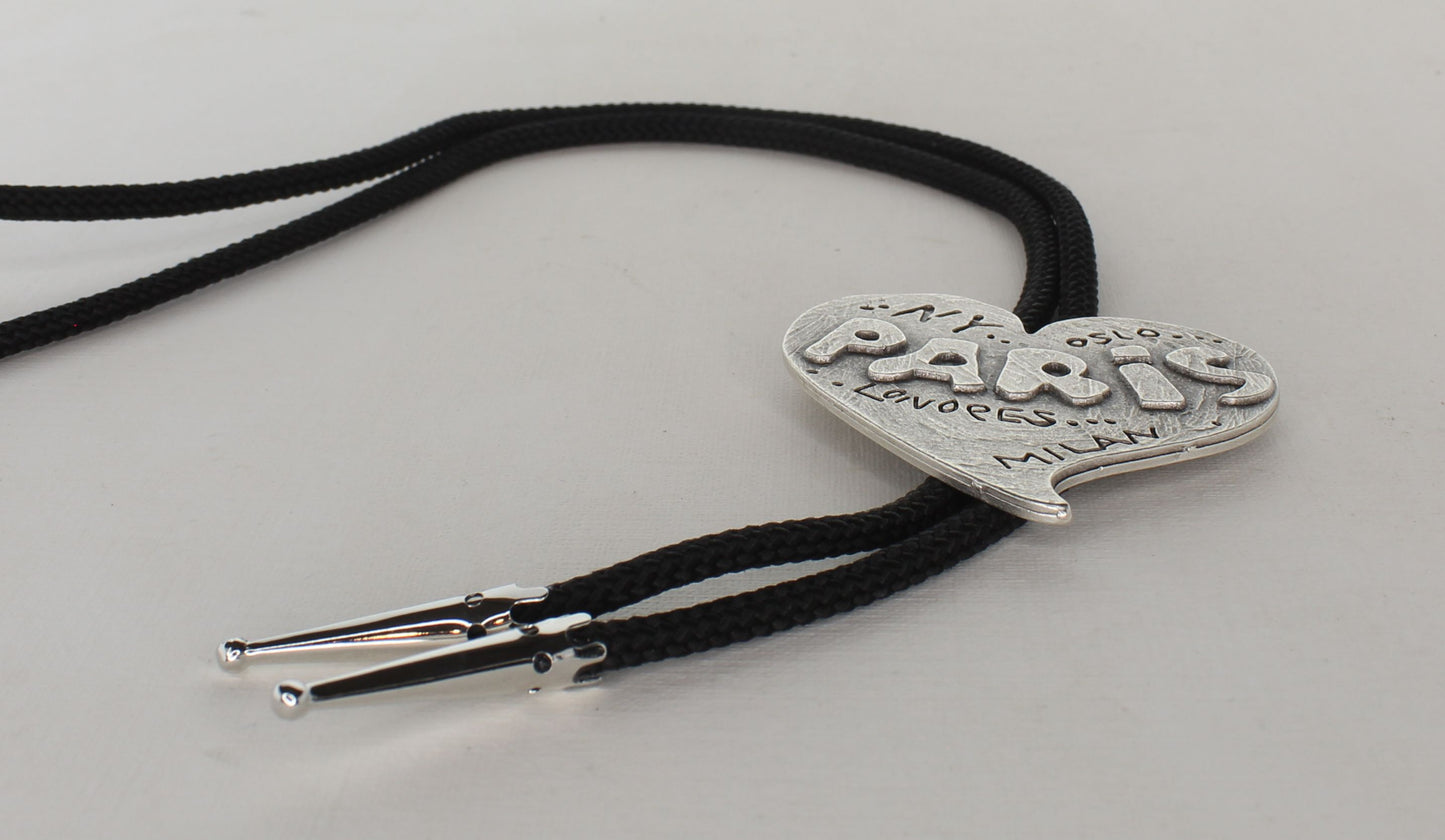 53mm x 60mm Silver Heart Paris Bolo Tie, 36" cord, made in USA, each