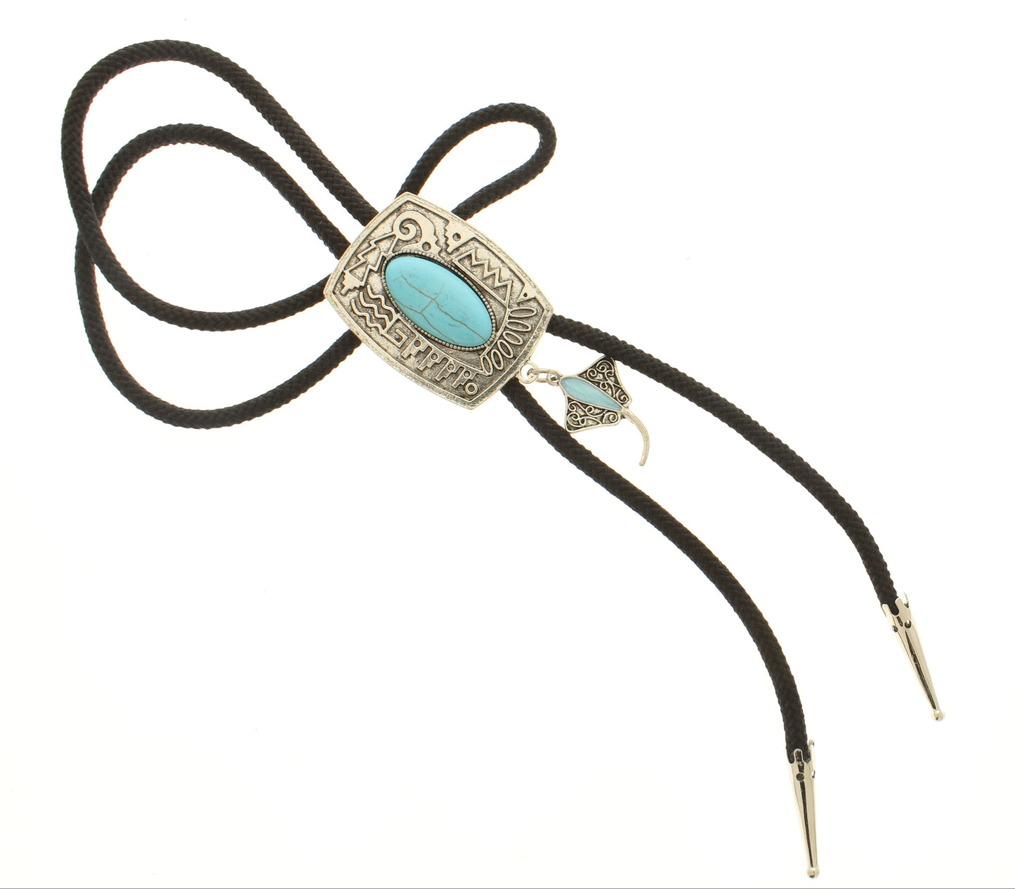 Turquoise Crest Bolo Tie – With Ornamental Drop, Made in USA, 38.8mm x 48.6mm