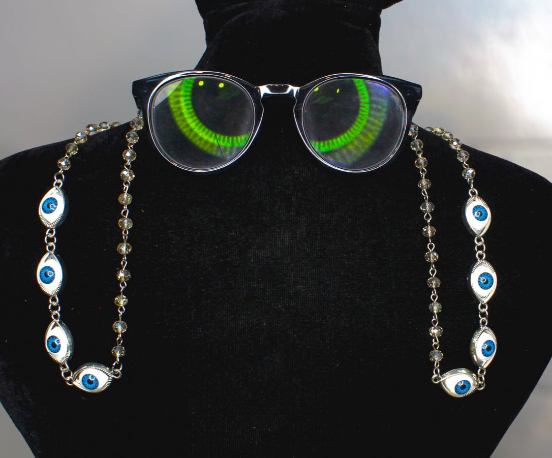 Evil Blue Eye Glass Chain with clear faceted beads, made in USA, each