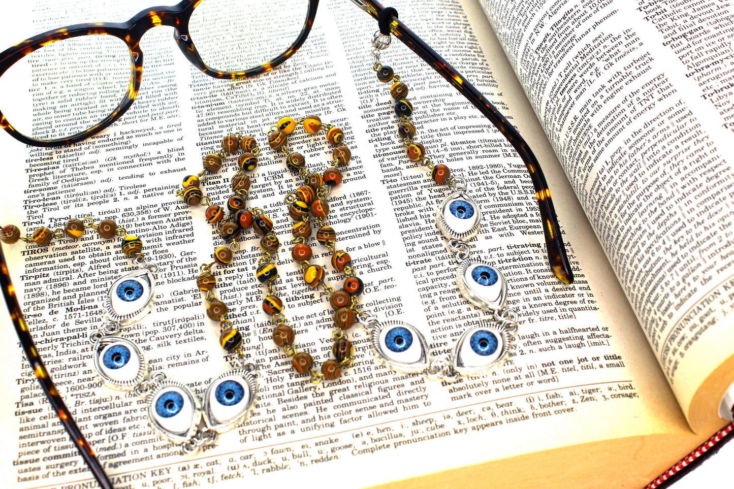 Evil Blue Eye Glass Chain with Tiger's Eye Beads, made in USA, each
