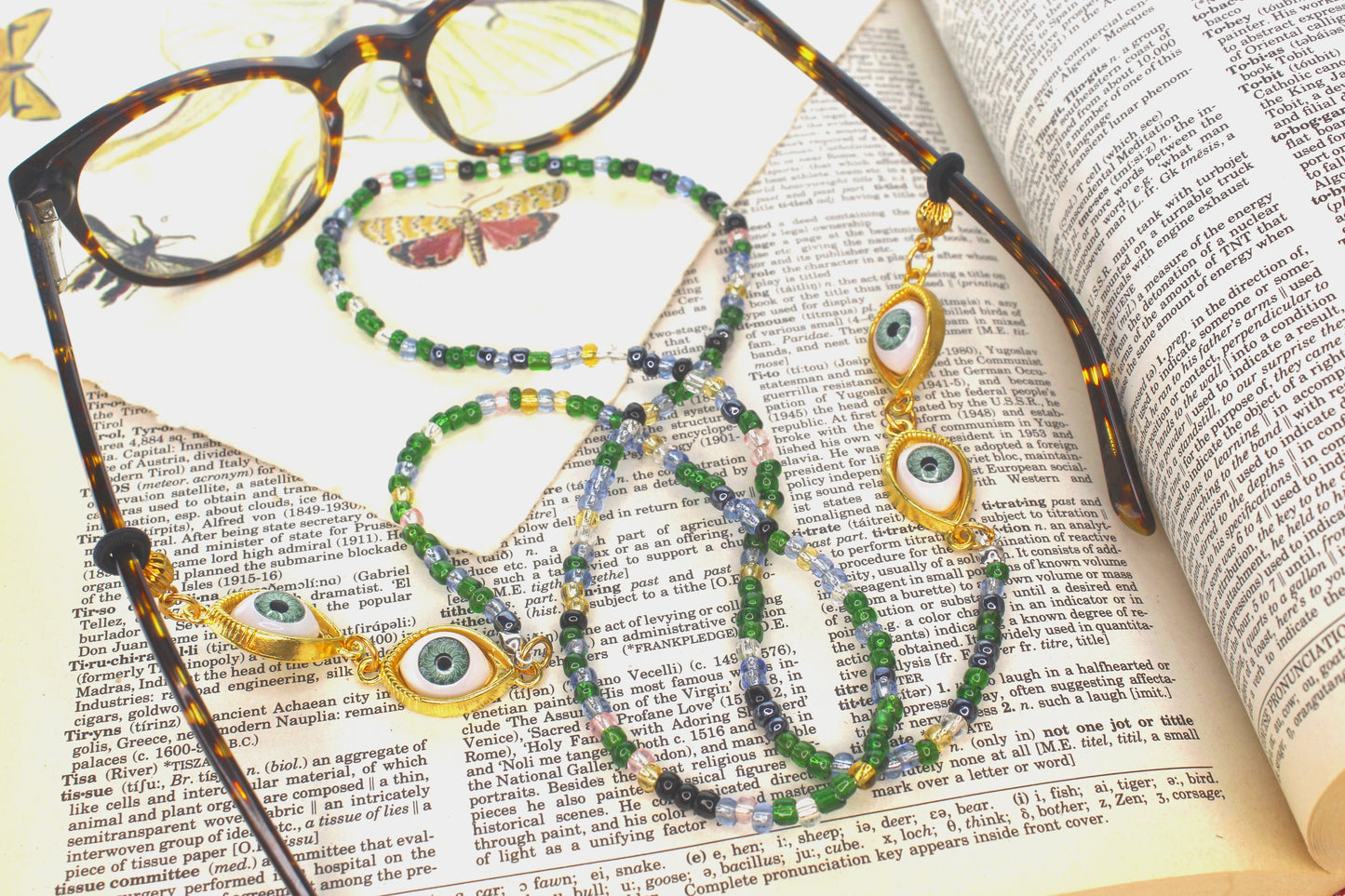 Evil Green Eye Glass Chain with Green, Black and Metallic Beads, made in USA, each
