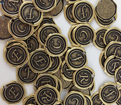 18mm Wax Seal Alphabet Charms, antique brass pack of 6