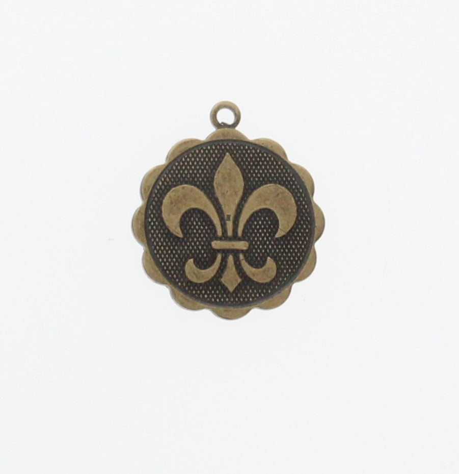 19mm Fleur De Lis charm, round, scalloped edge, with ring, antique gold, made in USA, pack of 6