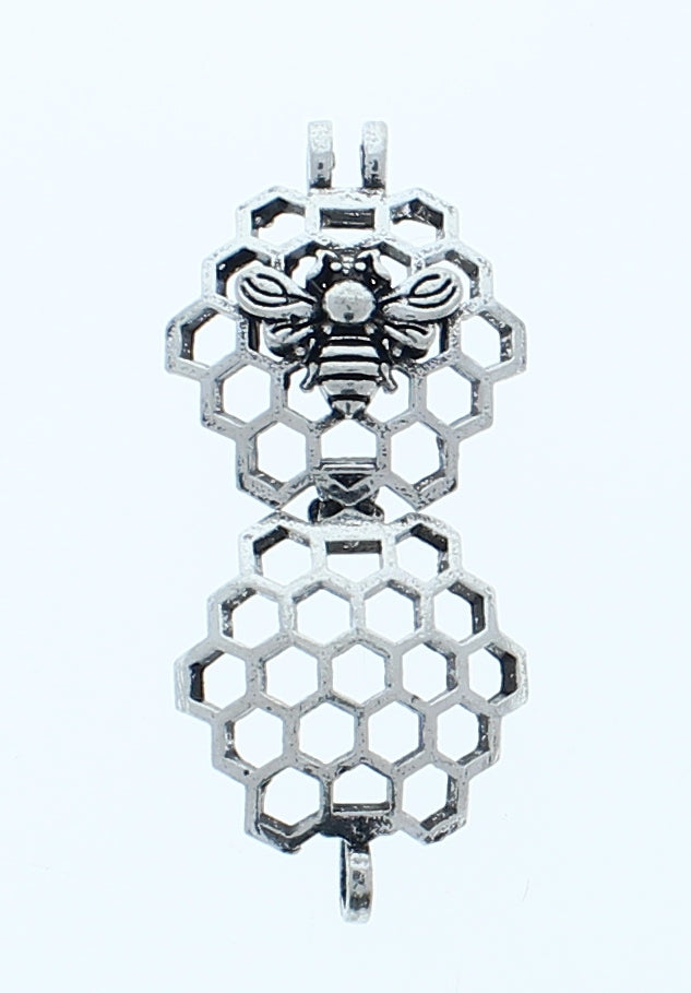 1" Honeycomb with Honey Bee Locket Pendant, Antique Silver, Each