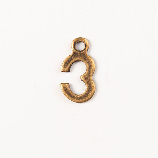 9mm #3 CHARM, Antique Gold, Classic Silver Metal Stamping, pk/6