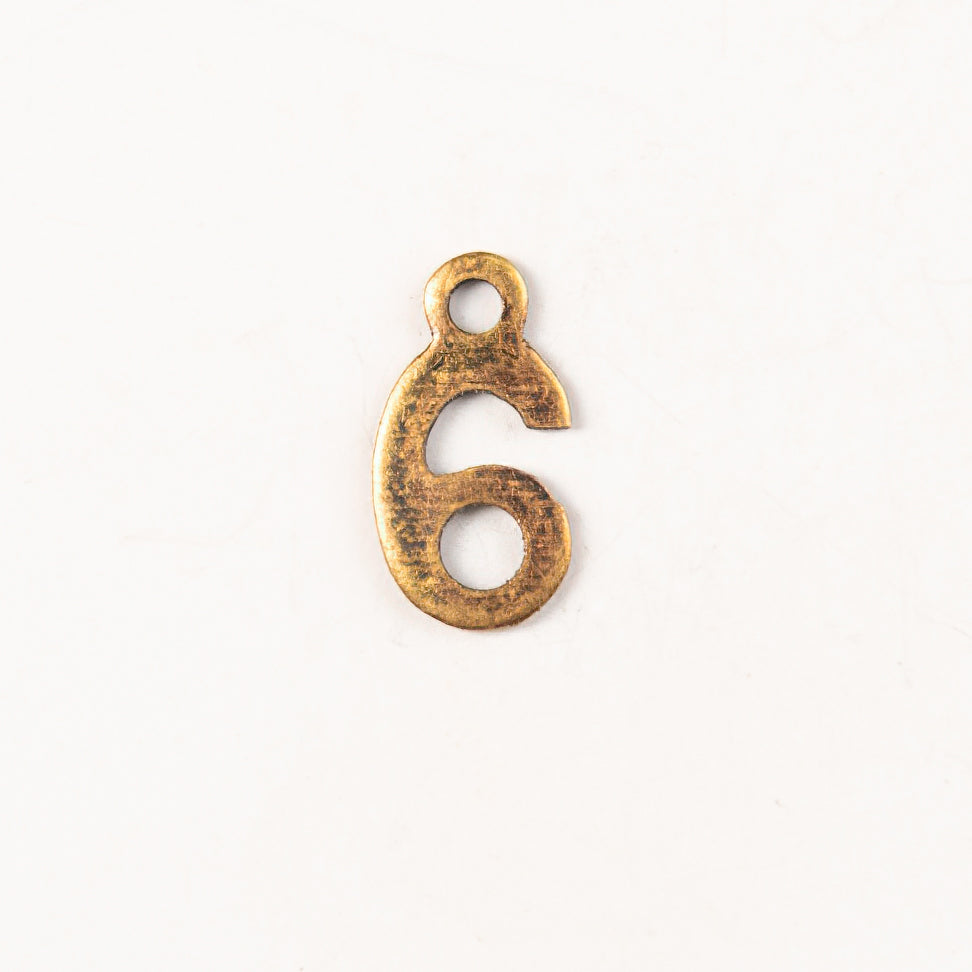 9mm #6 CHARM, Antique Gold, Classic Silver Metal Stamping, pack of 6