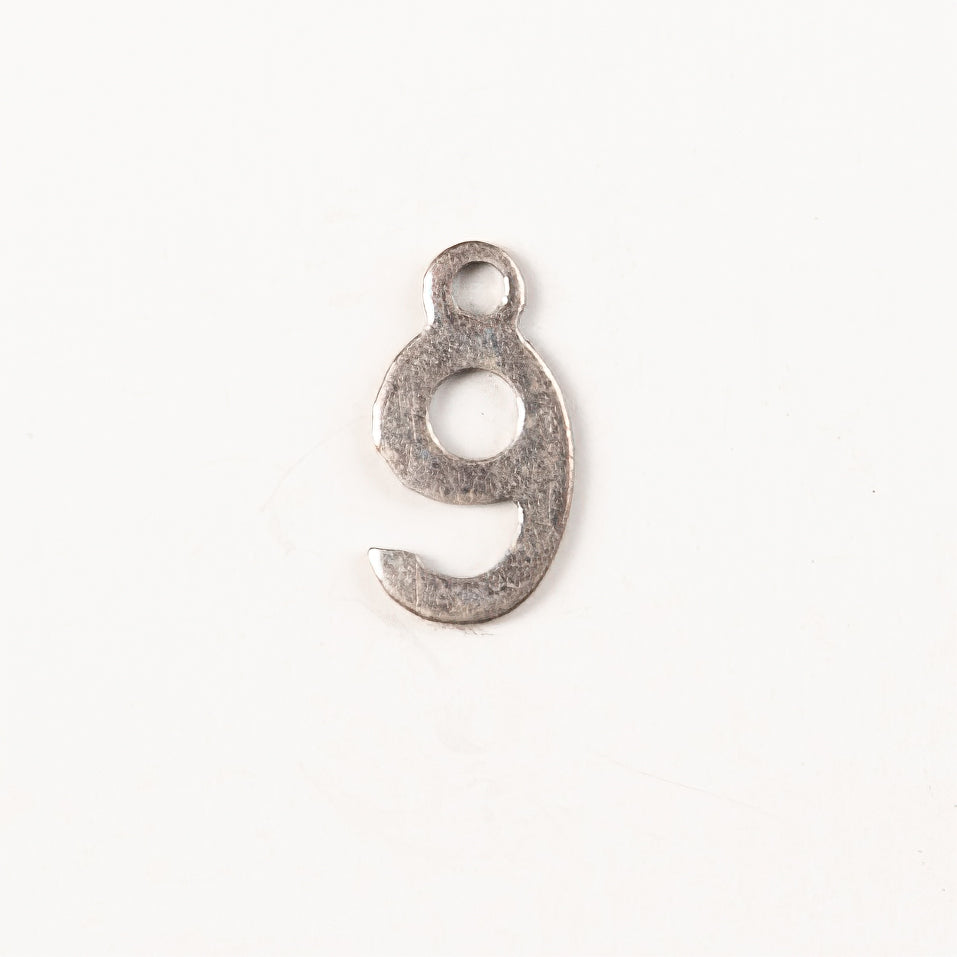 9mm #9 CHARM, Antique Gold, Classic Silver Metal Stamping, pk/6