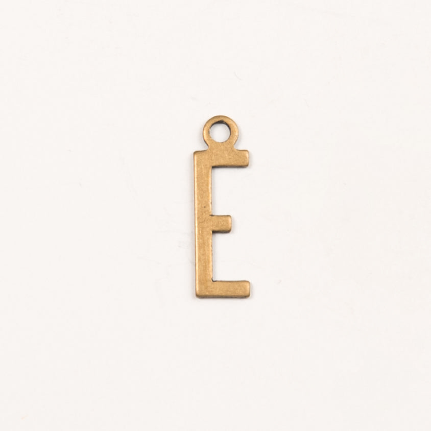 15x6mm "E" Letter Charm, Antique Gold Metal Stamping, pk/6