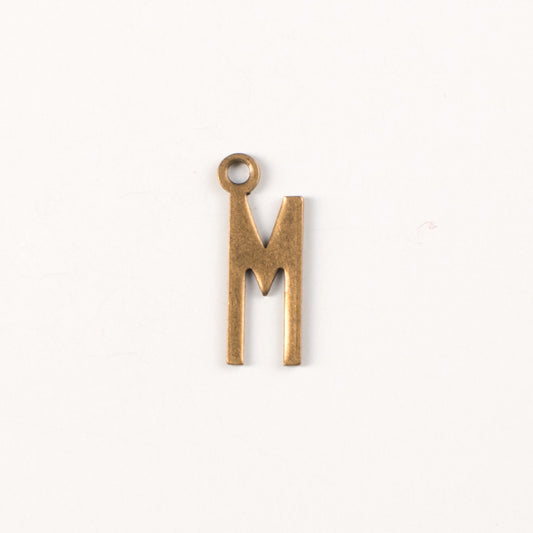 15x6mm M Letter Charm, Antique Gold Metal Stamping, pk/6