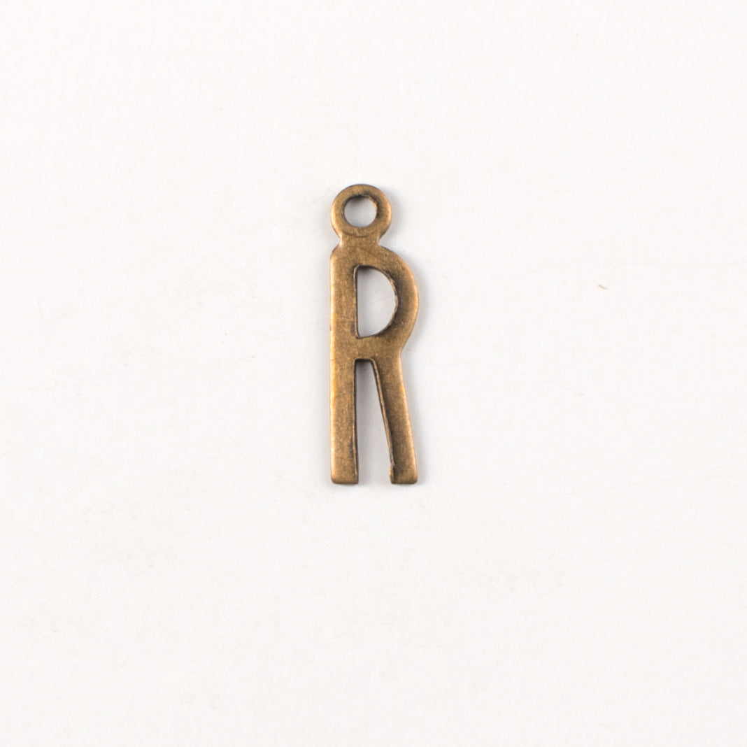 15x6mm R Letter Charm, Antique Gold Metal Stamping, pk/6