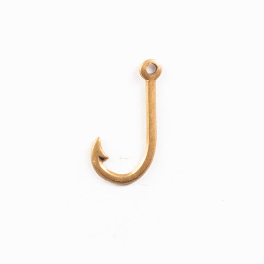 20mm Fishing Hook Charm, Antique Gold, pack of 6