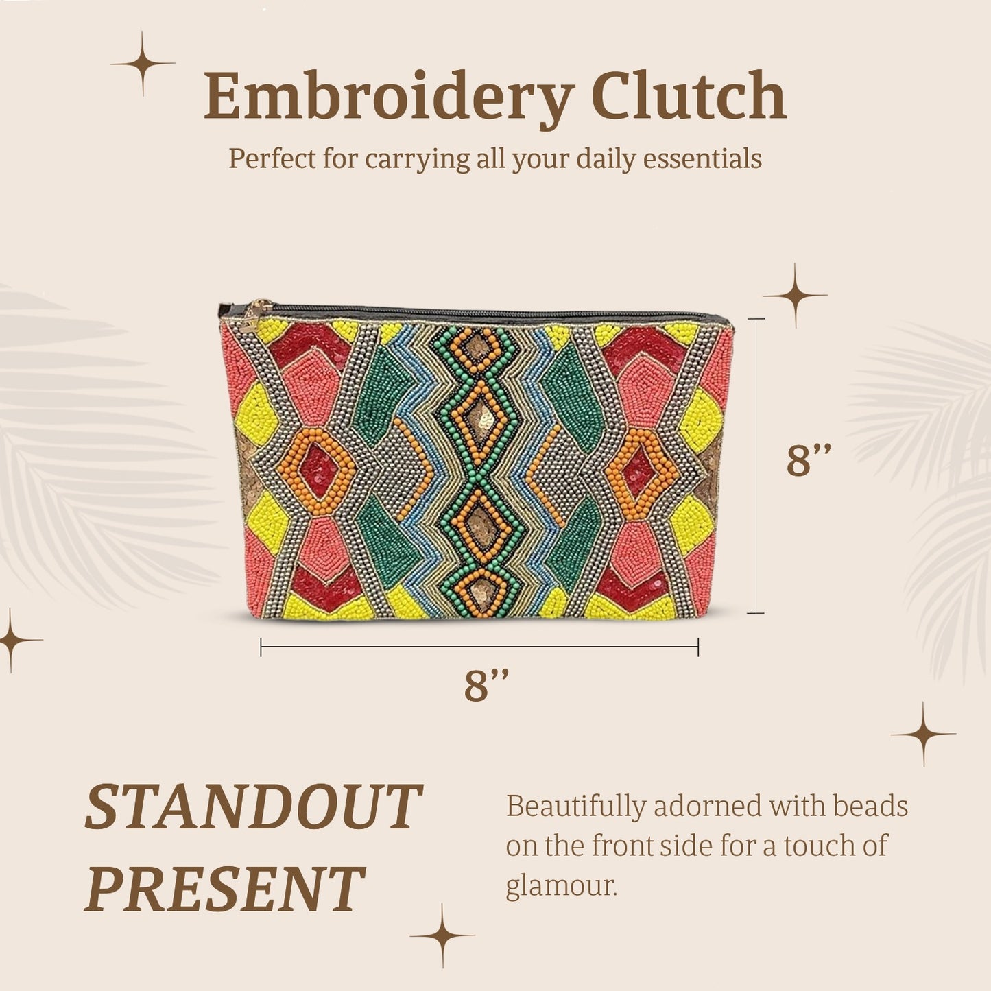 HHH Designs Embroidery Clutch Having Front side Embroidery and Plain Back, Elegant Embroidered Clutch with Front Beading and Crossbody Option