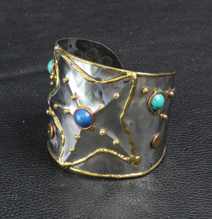 Star Bracelet Cuff Base, Antique Silver w/Brass Inlay, ea