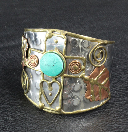 Cross Bracelet Cuff w/Silver/Brass/Copper Inlay, ea