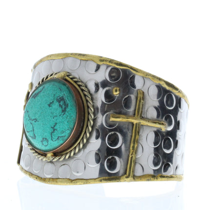 Circle Turquoise Bracelet Cuff, Antique Silver w/Brass/Copper Inlay, ea